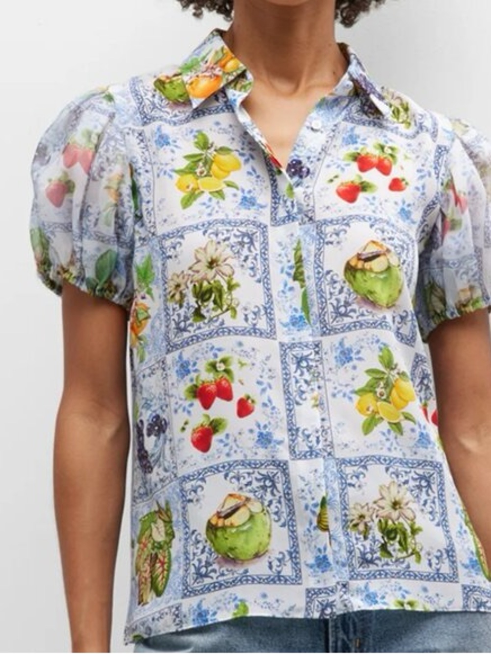 Alice + Olivia Willa Blue Fruit & Floral Silk Blouse NEW